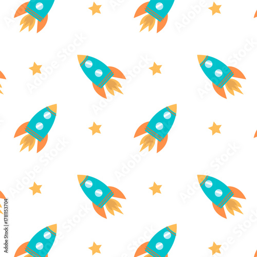 Bright pattern for babies with a space rocket and stars Perfect for children's clothing and textiles