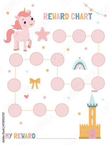 Child achievement tracker. Fairytale unicorn.