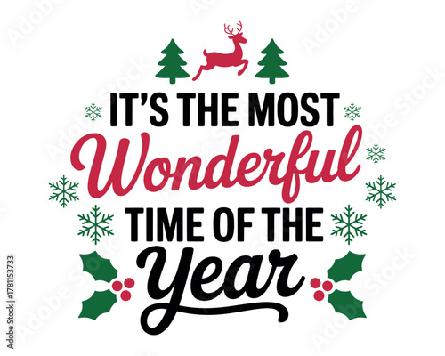 It's the most wonderful time of the year Christmas graphic with festive elements.