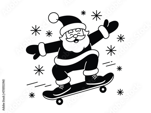 Santa Claus is shown skateboarding and is surrounded by snowflakes, indicating a festive and active holiday season.