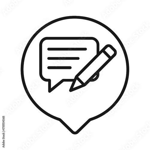 Thin black vector icon of speech bubble and pencil inside circular pin, symbolizing storytelling, creative communication, and copywriting on a transparent background.