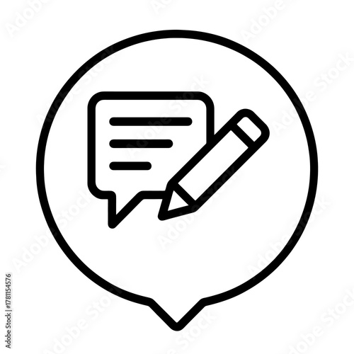 Minimal black copywriting vector showing text bubble and pencil in a circle, representing message creation, brand communication, and marketing writing.