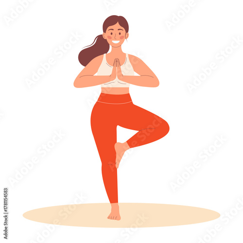 Smiling young woman practicing the Tree Pose, Vrksasana, yoga posture. Trendy flat hand drawn vector illustration of a female character. Wellness, balance, mindful physical exercise concept.