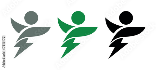 Three stylized human figures with lightning bolt bases in gray, green, and black.