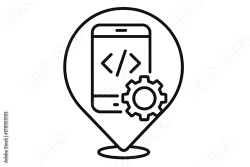 Minimal black software development vector showing mobile screen with code inside a circular frame, representing app engineering and tech innovation.