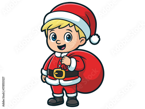 A smiling cartoon boy dressed as Santa Claus carries a large red gift bag.