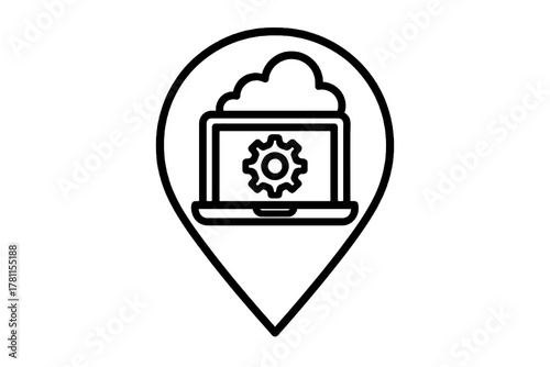Thin black vector icon of laptop with gear and cloud inside a circular pin, symbolizing cloud-based software development and deployment on a transparent background.