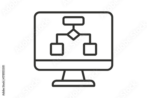 Thin black vector icon of monitor with connected nodes, symbolizing software architecture, system structure, and backend workflow on a transparent background.