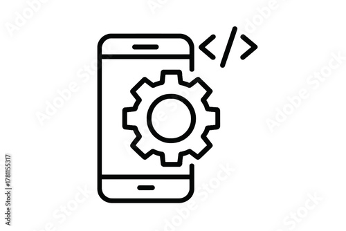 Minimal black developer vector showing phone and code brackets, representing app creation, innovation, and mobile software design.