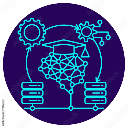 MLOps Lifecycle icon. Vector thin line illustration on a round dark blue background. Symbolizes the continuous cycle of data, AI model training (brain with cap), automation, and deployment servers
