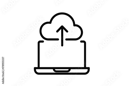 Thin black vector icon of a laptop with cloud and arrow, symbolizing software deployment, cloud development, and data synchronization on a transparent background.