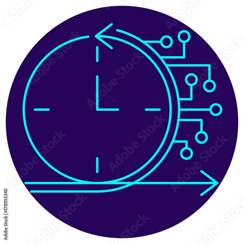 AI Time Series Forecasting icon. Vector thin line illustration on a round dark blue background. Symbolizes digital technology and AI used for continuous analysis and prediction of time-sensitive data