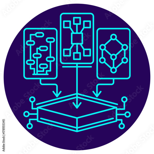 Unified AI/ML Platform icon. Vector thin line illustration on a round dark blue background. Symbolizes the integration of various data sources or models into one central processing architecture