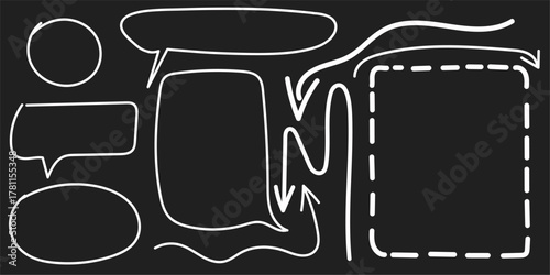 set of hand drawn vector linear speechbubbles and arrows for chat, text, message