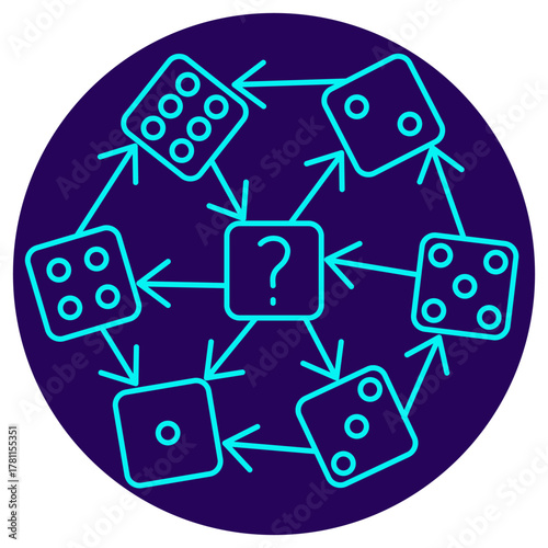 Probabilistic Modeling AI icon. Vector thin line illustration on a round dark blue background. Dice and question mark symbolize randomness, simulation, and decision-making in uncertain systems