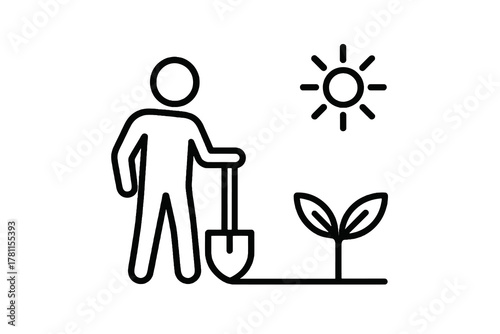 Minimal black park vector showing human with shovel and plant, representing eco activity, gardening, and healthy outdoor lifestyle.