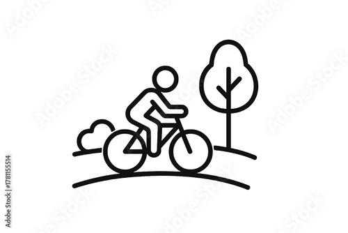Thin black vector icon of a cyclist on a park path with tree, symbolizing outdoor recreation, exercise, and nature activity on a transparent background.
