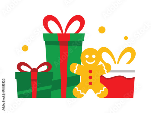 A gingerbread man stands in front of a stack of brightly wrapped Christmas gifts.