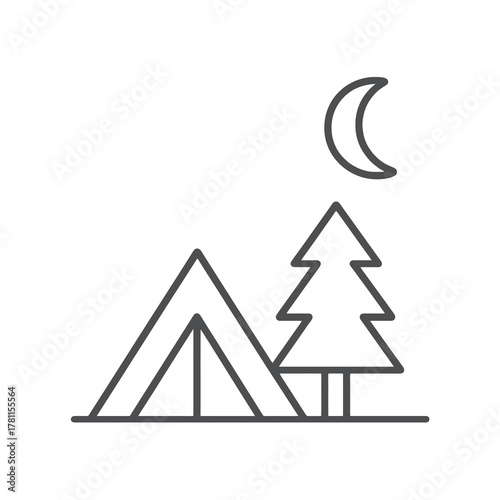 Minimal black camping vector showing tent and pine tree, representing adventure, relaxation, and forest recreation.
