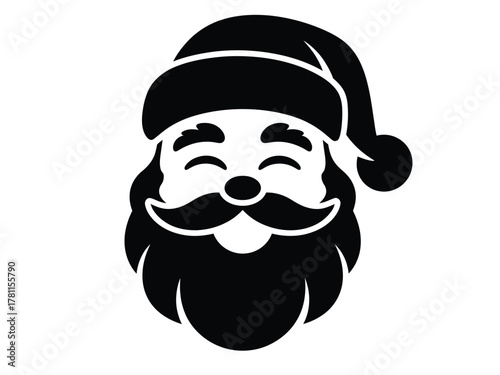 A black and white illustration of Santa Claus's smiling face with his hat and beard.