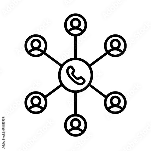 Minimal black business vector showing people linked in a circle, representing communication, teamwork, and stakeholder engagement system.