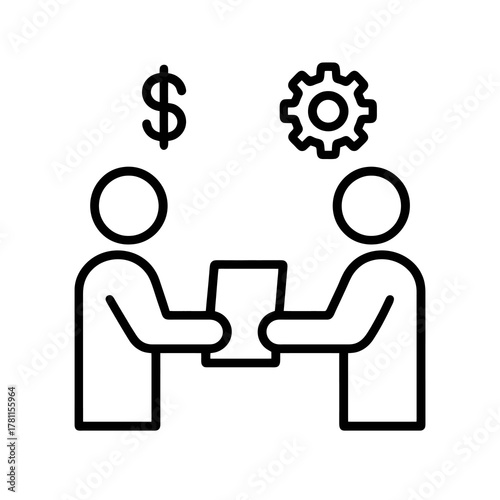 Thin black vector icon of two people exchanging a document with dollar and gear, symbolizing partnership, investment, and stakeholder collaboration.
