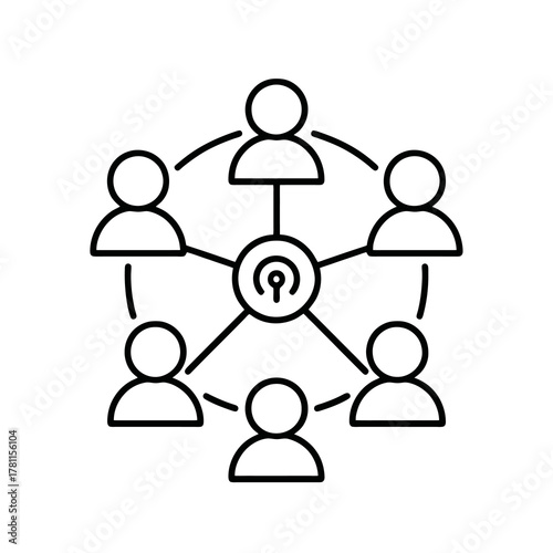 Thin black vector icon of six connected people around a hub, symbolizing stakeholder networks, collaboration, and management structure.