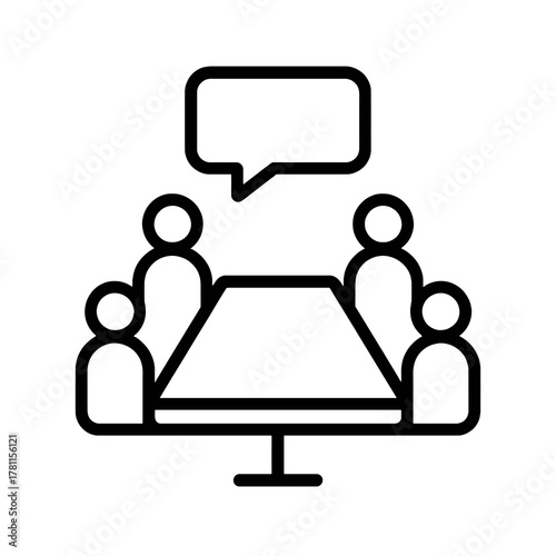 Thin black vector icon of a team meeting around a table with a chat bubble, symbolizing stakeholder communication and project discussion.