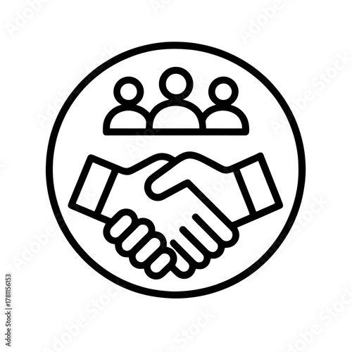 Minimal black business vector showing handshake with connected people above, representing collaboration, investment, and partnership trust.
