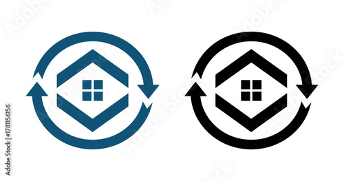 Two stylized house icons with circular arrows indicate a continuous cycle or process within a building.
