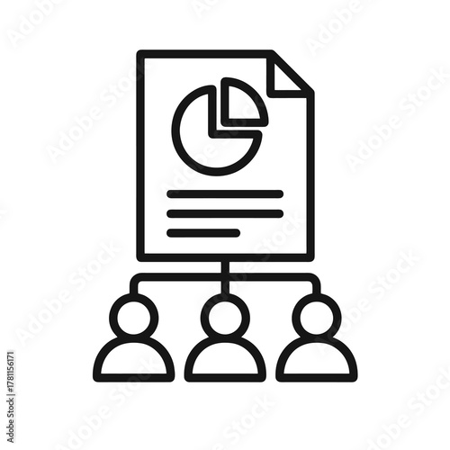 Thin black vector icon of a report with a pie chart and team below, symbolizing stakeholder analytics, planning, and collaborative business strategy.