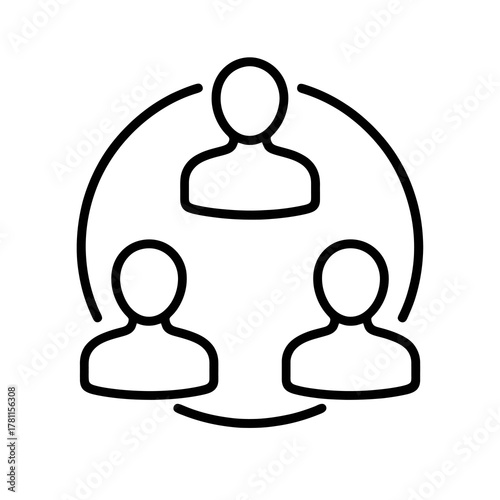 Thin black vector icon of three connected people in a circle, symbolizing collaboration, teamwork, and stakeholder relationships in business.