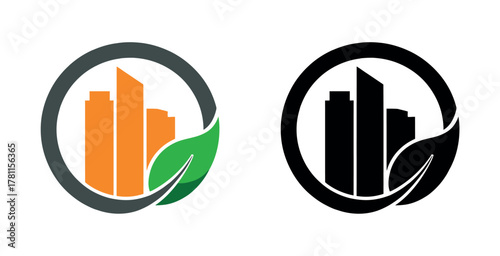 Abstract graphic logo representing sustainable urban development with buildings and a leaf.
