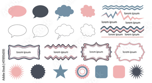 Set of vector speech bubbles, thought clouds, frames, borders, and graphic elements in pastel colors