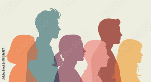 Diverse group of stylized people silhouettes in profile, representing community, collaboration, and modern social connection with a graphic,