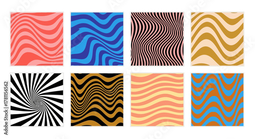 A retro collection of abstract wavy backgrounds and psychedelic patterns. Groovy 1970s style vector graphic designs with hypnotic optical illusion lines
