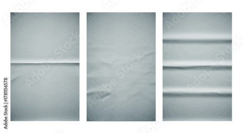Minimalist pixel graph set of three creased paper textures. Blank folded and wrinkled gray poster mockups for graphic design