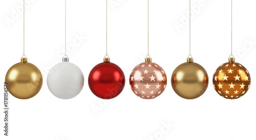 A festive collection of six diverse hanging Christmas ornaments, featuring shimmering gold, classic white, vibrant red, and patterned rose gold baubles, ideal for holiday designs