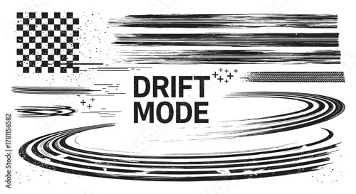 Vector collection of graphic racing elements, including tire tracks, checkered pattern, and abstract brush strokes. Grunge motorsport design set for extreme speed concepts
