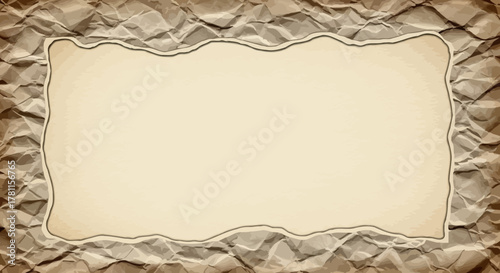 A blank vintage parchment frame with irregular torn edges set against a dark, heavily crumpled brown paper background, an ideal vector template