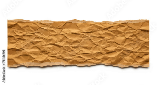 Roughly textured, wrinkled brown kraft paper strip with torn edges, providing an organic and distressed background element for rustic design projects, evoking an aged and natural aesthetic