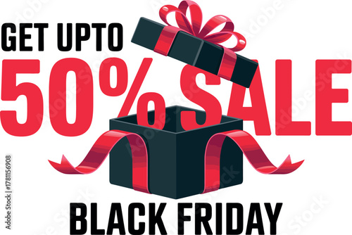 Exciting Black Friday sale offers a generous discount up to 50% off with a gift box revealing savings.