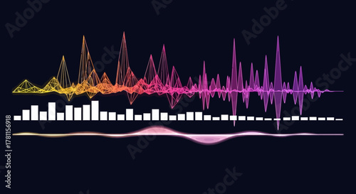 A colorful set of digital sound wave and audio spectrum pixel graph visualizations. Abstract vector illustration of a voice equalizer on a dark background