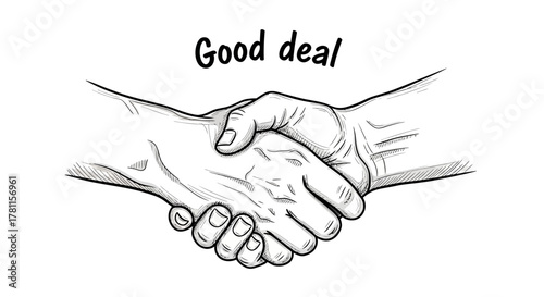 Hand-drawn sketch of a business handshake, a vector graphic illustration symbolizing a successful agreement, partnership, and a good deal