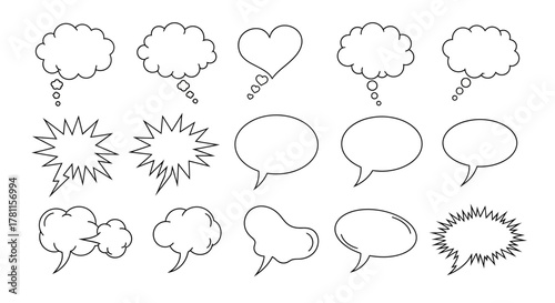 Set of hand-drawn comic speech bubbles and thought balloons. Vector line art doodle sketch graphic elements for chat and dialogue