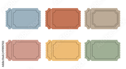 A versatile set of colorful blank vintage ticket templates, perfect for event admission, cinema, or raffles. Vector graphic illustration collection isolated on a white background