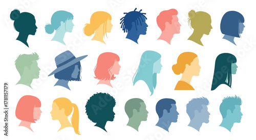 Diverse Silhouettes of People's Heads in Profile, a Colorful Collection Representing Humanity and Individuality