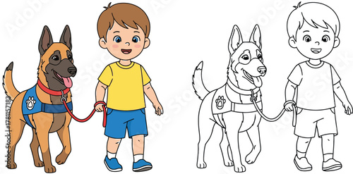 Cute Cartoon Boy Walking with Happy Service Dog - Vector Illustration
