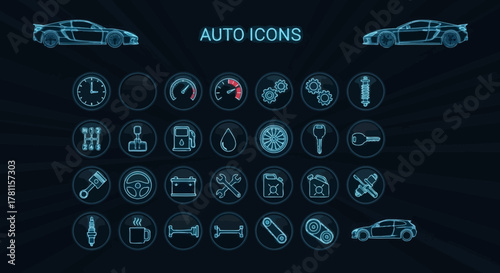 Collection of Automotive Icons with Car Silhouettes and Mechanical Symbols