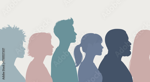 Side view silhouettes of a diverse population group. Flat design vector graphic illustrating community and togetherness